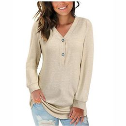 Women's T-Shirt Solid Basic Button V-Neck Long Sleeve For Women Streetwear Loose Casual Pullover Top Tee 2022 Autumn Clothing Tunic