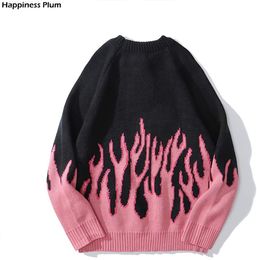 Men's Sweaters Streetwear Retro Women Pink Flame Knitted Pullover Sweater Tops Hip Hop New Pull Over Casual Harajuku Sweatshirts G22801