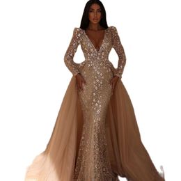 Champagne Mermaid Wedding Dresses Long Sleeve Gorgeous Sequins Beads Deep V Neck Elegant Lace Wedding Gown Sweep Detachable Train Plus Size Ball Gown Bridal