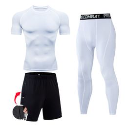 Solid Colour Running Suit Men's Workout Clothes Compression Leggings Gym T-shirt Training Shorts 3 Piec Track Men Sportswear 220330