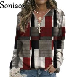 Herbst Frauen Sweatshirts Lose Beiläufige V-ausschnitt Zipper Langarm Plaid Top Pullover Streetwear Damen Mode Damen Hoodies 220804