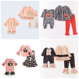 Girlymax Sibling Fall Halloween Baby Girls Pumpkin Floral Flower Print Ruffles Stripe Woven Skirt Set Romper Kids Clothes 220817