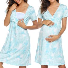 Lace Stitching Short Sleeve Maternity Dress Tie-dye Floral Print Breastfeeding Pregnancy Dress V Neck Casual Women Dress G220309