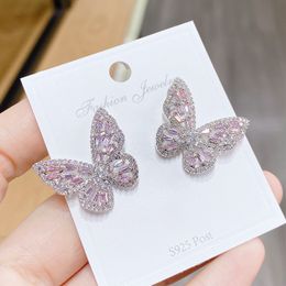 rhodium earrings UK - Brand high-end shiny zircon butterfly stud earrings jewelry Korean fashion women s925 silver needle Imitation Rhodium Plated luxury earrings