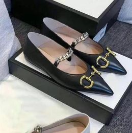 Luxury flat dress shoes designer pointed 100% genuine leather metal chain ladies lazy letters mule princess party wedding travel casual shoes