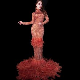 Stage Wear High Fashion Sparkly Rhinestoness Feather Dress Full Stones Long Tail Women Evening Prom Birthday Celebrate Party DressesStage