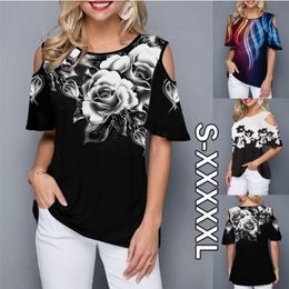 T - shirt Tops Women Summer Loose T Shirt Casual Short Sleeve Tops Tees Sexy Off Shoulder Print O-Neck Vintage T-Shirt 5XL 220511