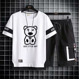 Korean Fashion Men s Sets Summer Tracksuit Print Bear T Shirts Sport Shorts Suit Casual Clothing s Joggers 220621