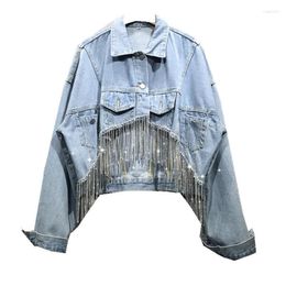 Women's Jackets 2022 Spring Summer Turn-down Collar Denim Jacket Women Long Sleeve Rockets Crystal Tassel Loose Slim Short Coat Female