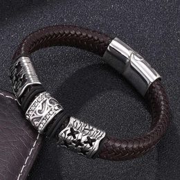 Charm Bracelets Fashion Brown Men Leather Bracelet Stainless Steel Magnet Clasp Bangle Vintage Men's Jewellery Gifts BB0121Charm
