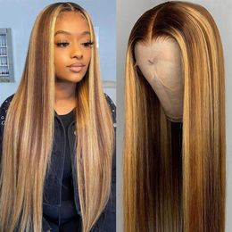 virgin half wigs Canada - 13X4 Lace Front Human Hair Wigs 150% Density Straight Ombre P4 27 Highlight Colored Brazilian Wig339g
