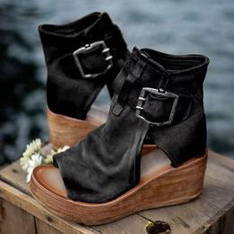 Sandals 2022 Flat Bottom Summer Ankle Boots Women's Wedge Belt Buckle Roman Shoes Women Open Toe 34-43