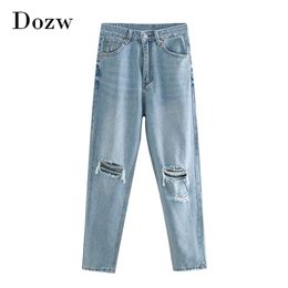 Lady Light Blue Colour Pencil Pants Retro Soratched Hole Ripped Mom Jeans Full Length Daily Office Wear Femme 210515