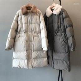 Women's Down & Parkas 2022 Winter Women Real Fur Collar Cotton Coat Vintage LLace-Up Waist Long Warm Beige Oversize Kare22