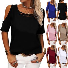 2022 Fashion Casual Solid Colour Off Shoulder Women's Top Summer Loose Short Sleeve T-Shirt Ladies Round Neck Pullover Tops