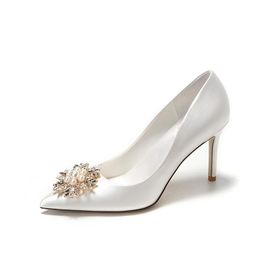 Dress Shoes 7cm Fashion Shallow Mouth Pearl With Beaded Sexy High Heels Satin Bride Wedding Women White 41 42 43Dress