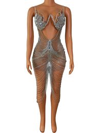Stage Wear Handmade Top Luxury Leotard Crystal Bodysuit Harness Body Sexy Lingerie Chain Women Banquet Rhinestone Bikini DressStage