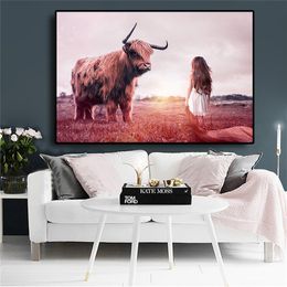 Girl Face Fear Freedom HIGHLAND COW Animal Canvas Painting Posters and Prints Scandinavian Yak Wall Art Picture for Living Room