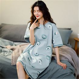 Summer Home Service Nightdress Female Cotton Shortsleeved Blue Fruit Printing Cute Cartoon Loose Nightdress For Women T200429