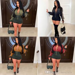 Sexy Short Jumpsuits Womens Loose Long Sleeve Zipper Colour Matching One Piece Clothes Fashion Waist Closing Rompers
