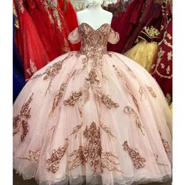 Rose Pink Quinceanera Dresses Ball Gown Sequined Off The Shoulder Lace Appliques Sweet 16 Dress Graduation Prom Dress