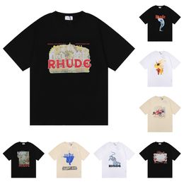 Rhude Designer Tshirts Tide Printed Mens t Shirts Men Women Do Old Round Neck Short Sleeve Cotton Tees High Street Hip Hap Treetwear Rhudes Oversize Tops