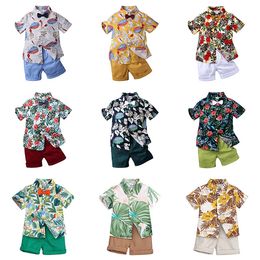 1-7 Years Toddler Baby Boy Shorts Clothing Sets Hawaiian Outfit Infant Kids Leaves Floral Printed Bow T-Shirt Top + Short Suit SUmmer M4137