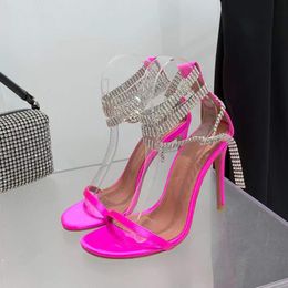 Rose red satin highheeled sandals crystalencrusted strap spool Heels skyhigh heel for shoes women summer luxury designers shoe