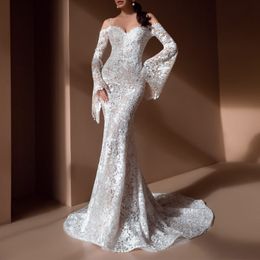 2022 white Lace Mermaid Prom Dresses veatidos off Shoulder long sleeves Beaded Appliques Tulle Floor Length Cheap Long Evening Gowns