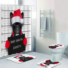 Funny Bad Santa French Bulldog Shower Curtain Animal Dogs Christmas Bathroom for Bathtub Toilet Mats Pet Xmas Gift Decor 220429