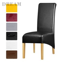 XL Size Waterproof PU Fabric Dining Long Back Chair Covers Solid Colour Stretch Chair Protector Covers for Dinging Living Room 220517