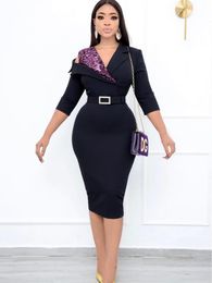 -Женщины черное платье для кузова с половиной рукава элегантно с блестящими v ceast infice out Office Ladies Classy Modest African