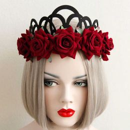 Queen Style Headbands Crown with Red Roses Gothic Style Halloween Ladies Hair Accessories