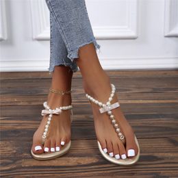 Flip flops summer fashion flip flops String Bead Sandals Women Shoes Summer Pearl Dressing Square Toe T-Strap 220516