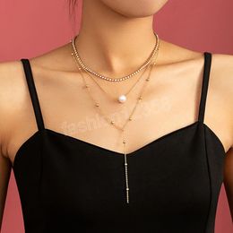 Layered Bling Rhinestones Chain with Pearl Pendant Necklace for Women Trendy Long Tassel Necklace Set 2022 Fashion Jewellery