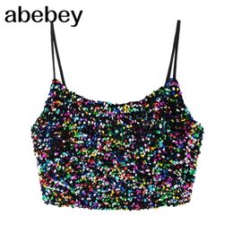 Women Sexy Fashion Shinny Sequin Cropped Tank Tops Vintage Backless Thin Straps Female Camis Mujer 220519