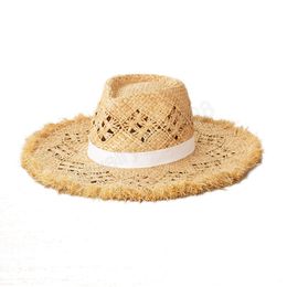 Summer Handmade Raffia Straw Hats For Women 12CM Wide Brim Temperament Ribbon Beach Sun Cap Panama UV Protection Jazz Hat