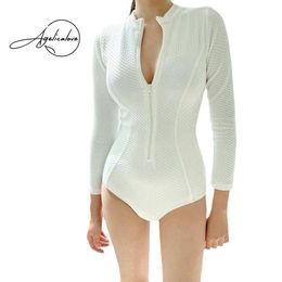 Women's Swimwear Elegant White Monokini Women Bodysuit Front Zipper Bathing One Piece Swimsuit Beach Wear Jumpsuit FemaleWomen's
