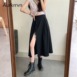Aurkrrvn High Waist Black Skirts Woman Asymmetrical Aline Summer Office Lady Midi Skirts Feminine Lace Up Split Skirt Women 210306