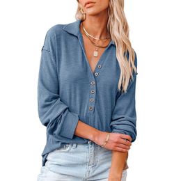 Autumn Winter Henley Shirts Women Casual V Neck Long Sleeve Button Down Ribbed Knit Tops Solid Vintage Loose Pullover Shirt 220321
