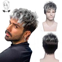 grey wig cosplay UK - WHIMSICAL W Synthetic Short Straight Wig Ombre Grey Wigs for Men Natural Hair With Bangs Daily Cosplay Wig H220512