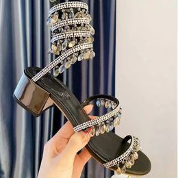 Sandali da donna di alta qualità Designer di lusso Ciondolo di luce di cristallo Anello del piede intrecciato Scarpe eleganti con tacco alto Fascia stretta Strass 10CM Sandalo da sera con tacco