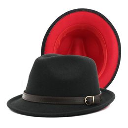 2022 Новый короткий красный красный красный лоскутный шляп джазовый федора с поясом пряжка женщин Мужчины шерсть Фонама Хомбург Шляпа для вечеринки 220U