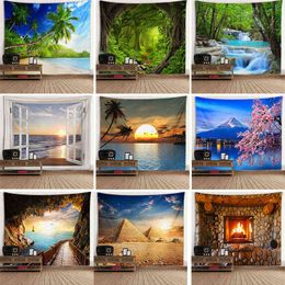 Window Landscape Mural Carpet Wall Background Cloth Tree Hole Oven Hanging Cloth Large Wall Carpet J220804