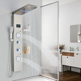 Brushed LED Light LCD Shower Faucet Bathroom SPA Massage Jet Shower Column System Waterfall Rain Shower Panel With Shelf Tap