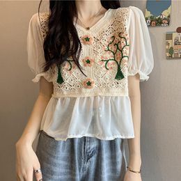 Women's Blouses & Shirts French Style Hook Flower Blouse Women Summer Puff Sleeve Embroidery Knitted Hollow Out Crochet Tops Patchwork