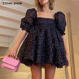 Sweet Black Floral Print Organza Ball Gown Dress Puff Sleeve Retro Women Swing Short Princess Dresses Fairy Cake Vestidos 220511