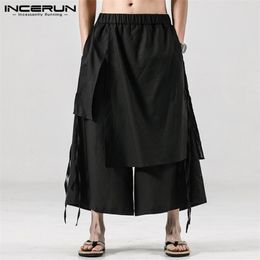 INCERUN Solid Colour Men Casual Pants Joggers Elastic Waist Loose Irregular Skirt Trousers Men Streetwear Harajuku Wide Leg Pants 220713