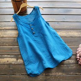 Women's Tanks & Camis Vintage Women Casual Linen Vest Tank Buttons Sleeveless Summer Female Solid O-neck Streetwear Loose Top Tee DebardeurW