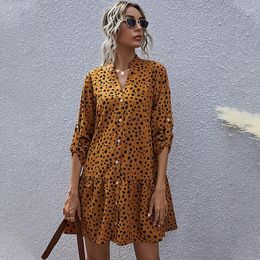 Women's Mini Dress Autumn Spring Loose Leopard Print Ruffled Dresses For Woman V-Neck Button Up Casual Clothing
